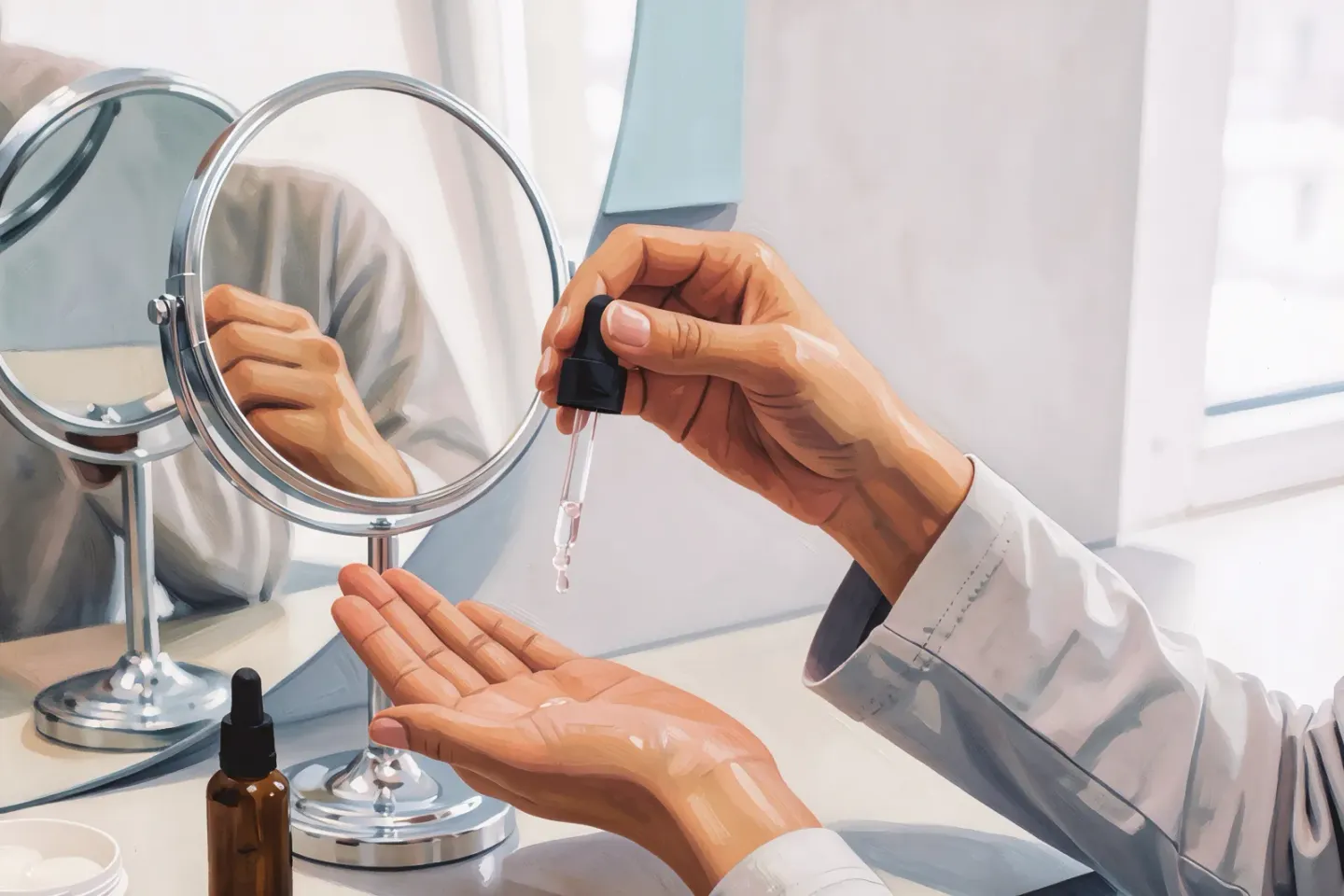 Routine de soin du visage : application d'un sérum cosméceutique au comptoir devant un miroir, avec la sélection Atelier Med, au Québec.